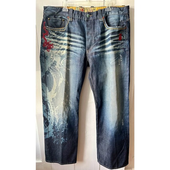 Vintage China rare factory distressed Jeans embroidered button dragon size 40 - Picture 1 of 16